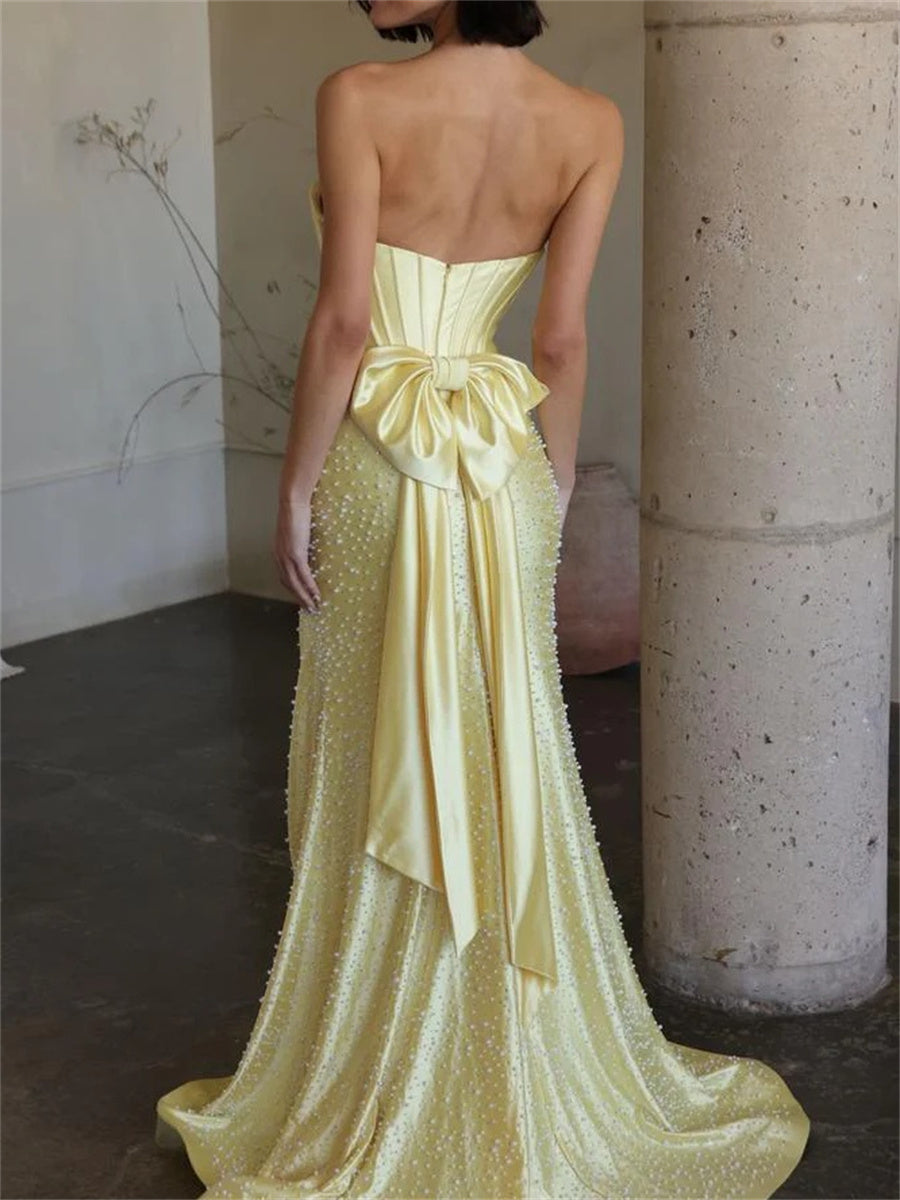 Sheath/Column Sweetheart Bow Sweep Train Silk like Satin Corset Evening Dress
