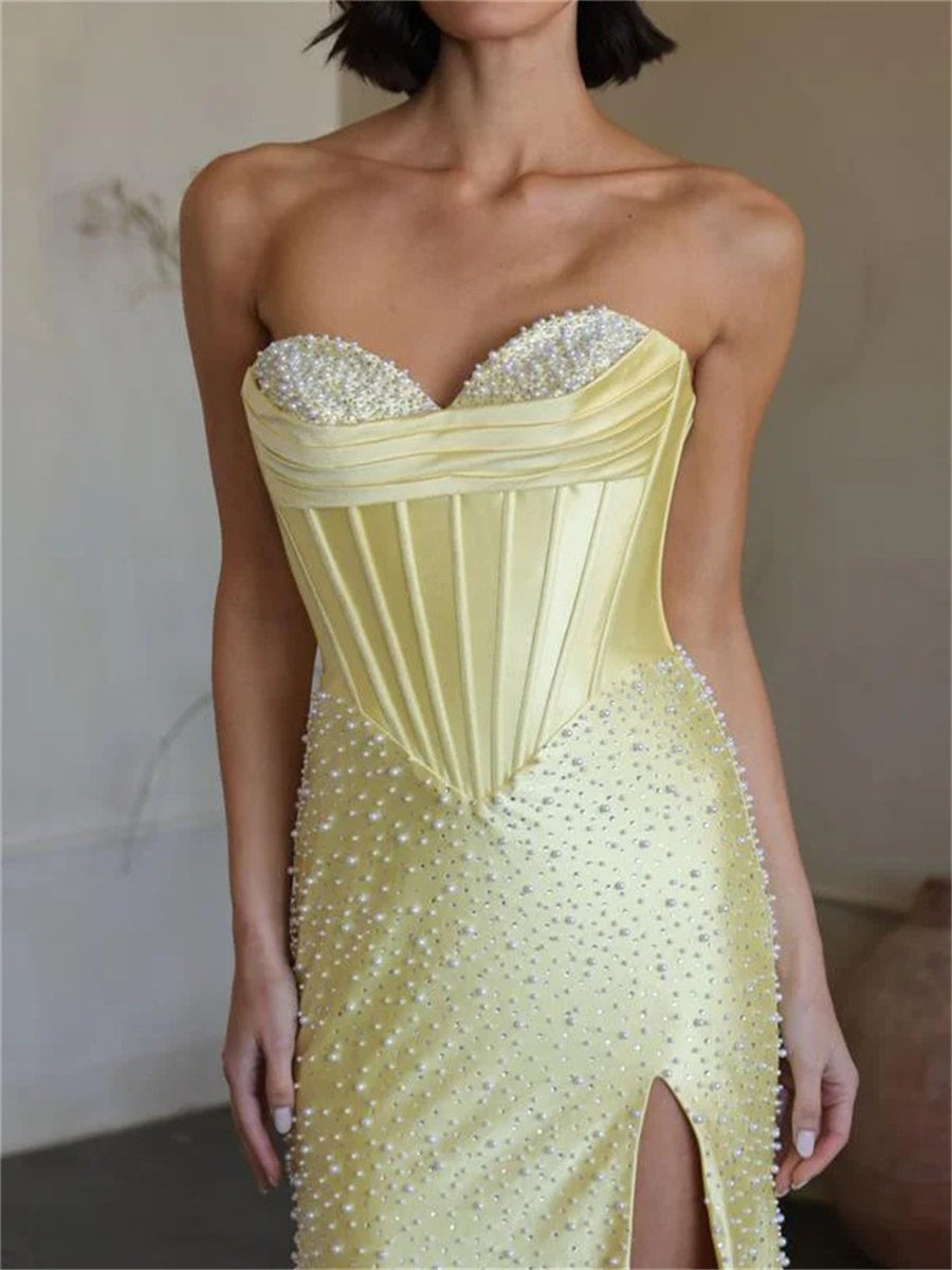 Sheath/Column Sweetheart Bow Sweep Train Silk like Satin Corset Evening Dress