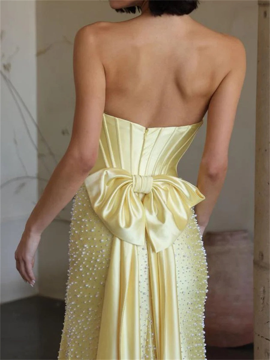 Sheath/Column Sweetheart Bow Sweep Train Silk like Satin Corset Evening Dress