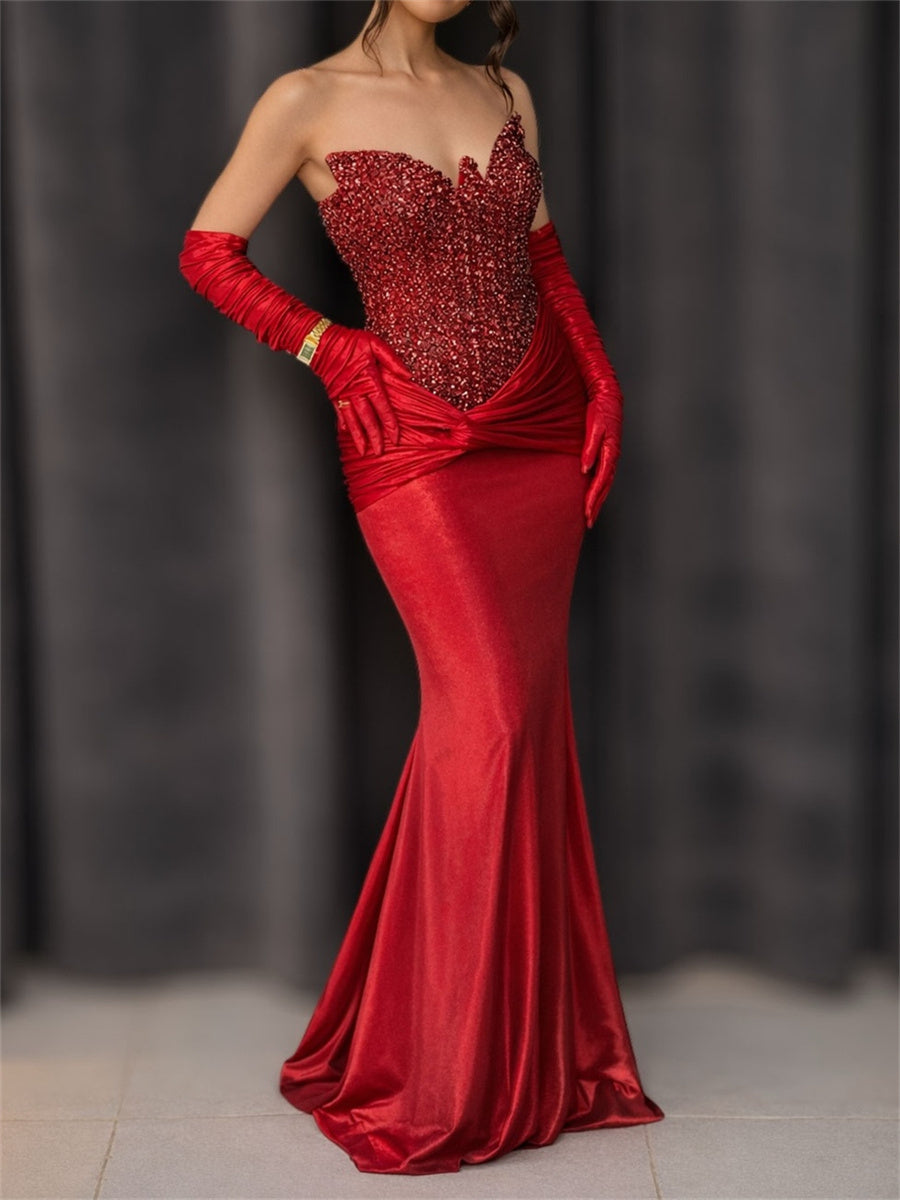 Sheath/Column Sweetheart Pleated Sweep Train Silk like Satin Corset Evening Dress