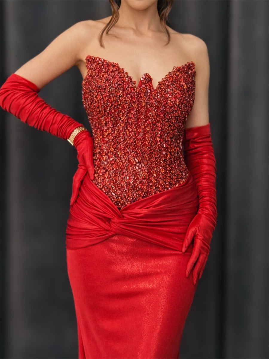 Sheath/Column Sweetheart Pleated Sweep Train Silk like Satin Corset Evening Dress