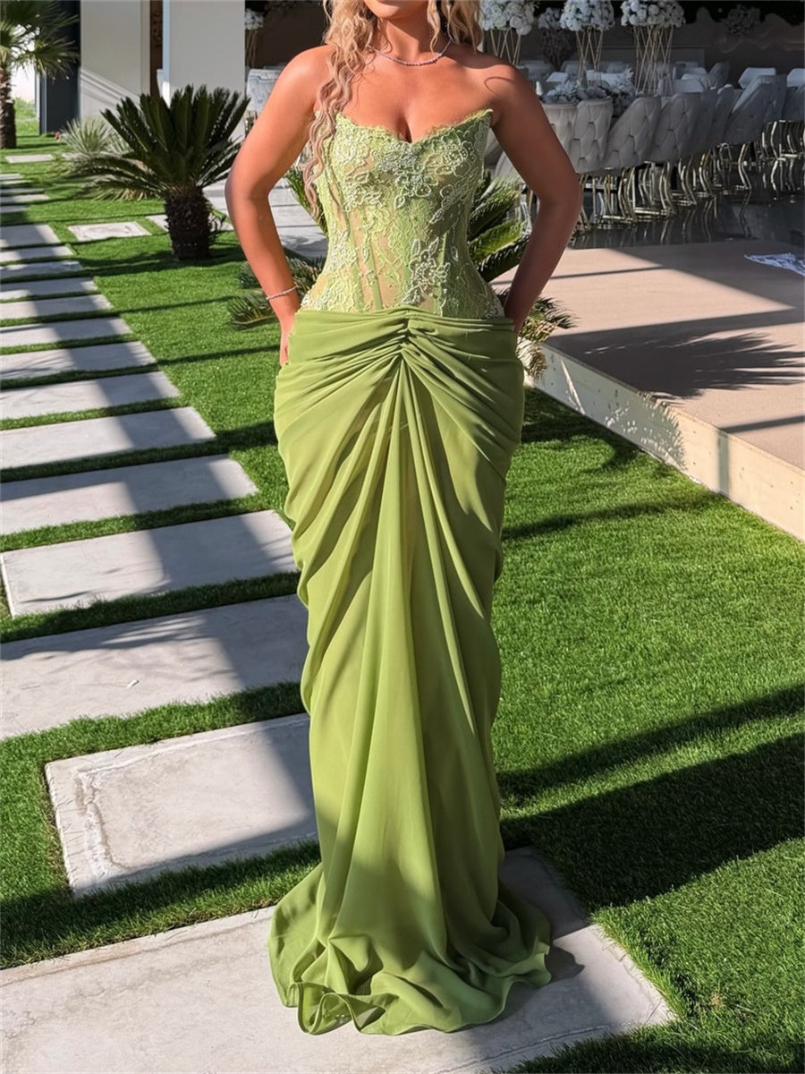 Sheath/Column Sweetheart Pleated Sweep Train Chiffon Corset Evening Dress