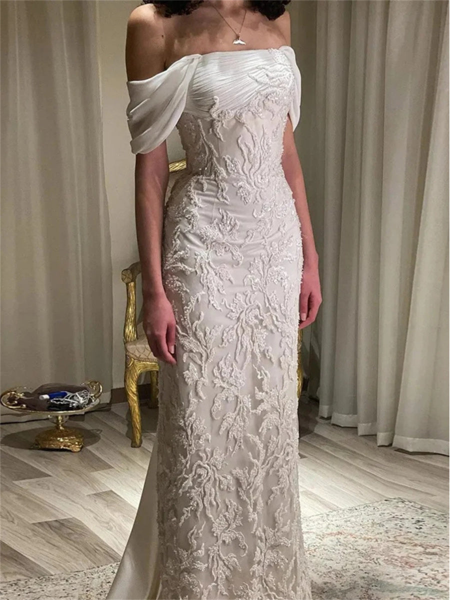 Sheath/Column Off-the-Shoulder Appliques Lace Floor-Length 30D Chiffon Corset Evening Dress
