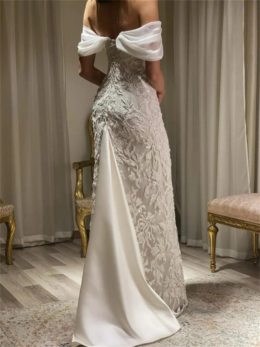 Sheath/Column Off-the-Shoulder Appliques Lace Floor-Length 30D Chiffon Corset Evening Dress