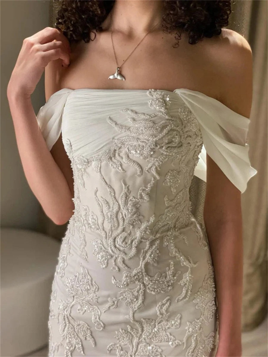 Sheath/Column Off-the-Shoulder Appliques Lace Floor-Length 30D Chiffon Corset Evening Dress