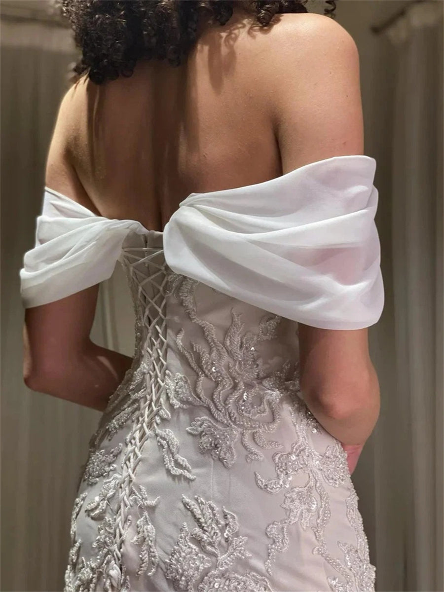 Sheath/Column Off-the-Shoulder Appliques Lace Floor-Length 30D Chiffon Corset Evening Dress