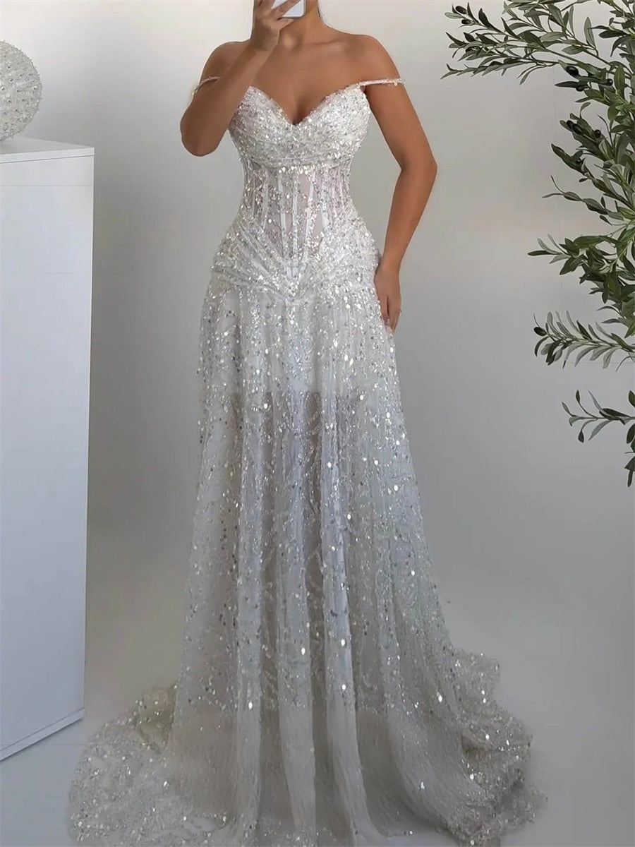 A-line/Princess Off-the-Shoulder Sequin Sweep Train Corset Evening Dress