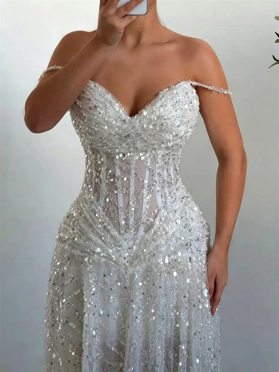 A-line/Princess Off-the-Shoulder Sequin Sweep Train Corset Evening Dress
