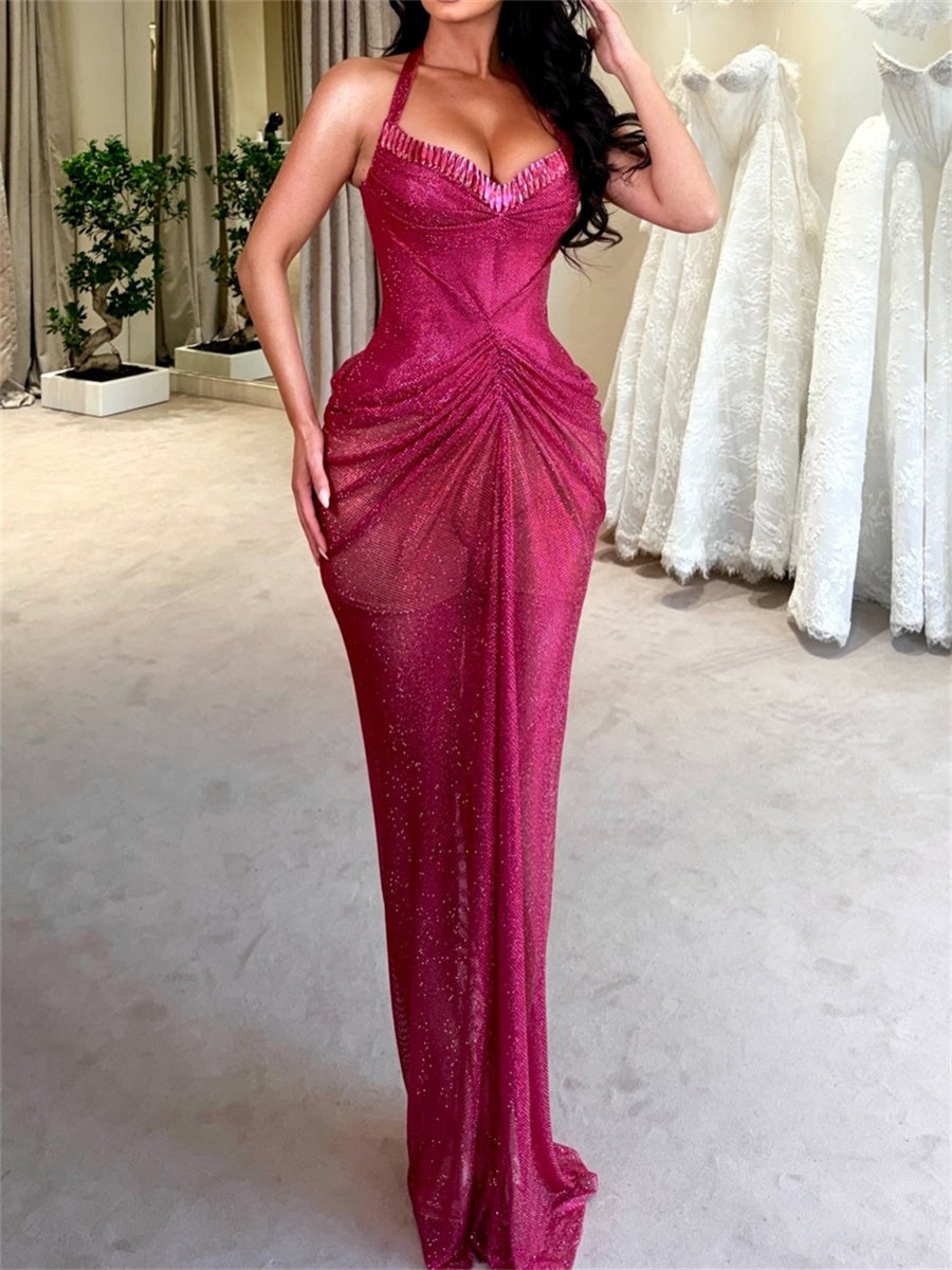 Sheath/Column Halter Pleated Sweep Train Corset Evening Dress