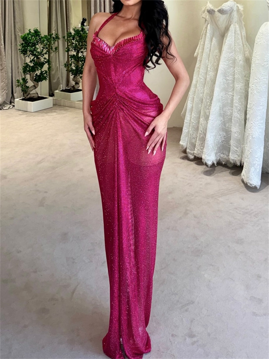 Sheath/Column Halter Pleated Sweep Train Corset Evening Dress