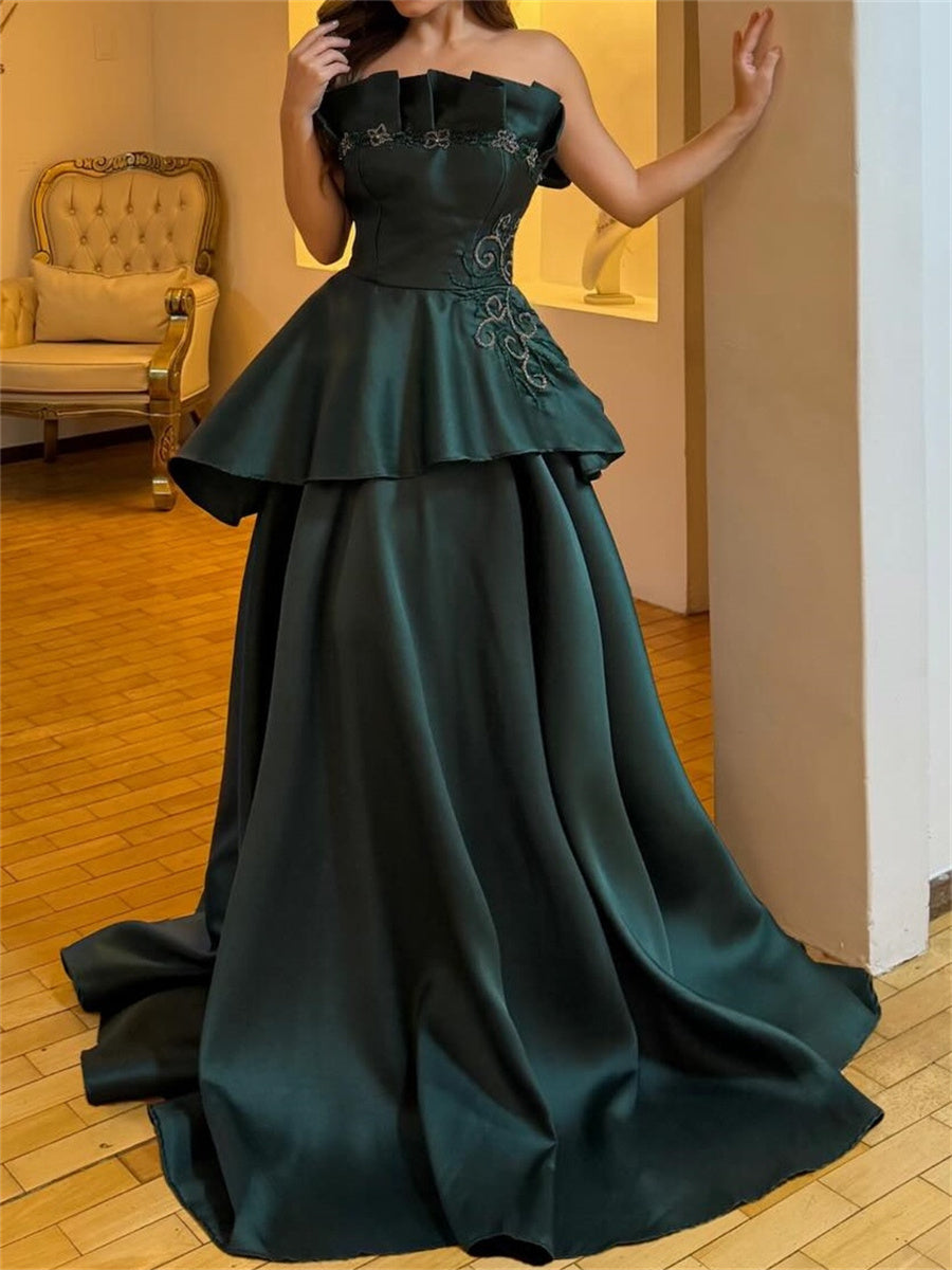 A-line/Princess Straight Ruffles Sweep Train Satin Corset Evening Dress
