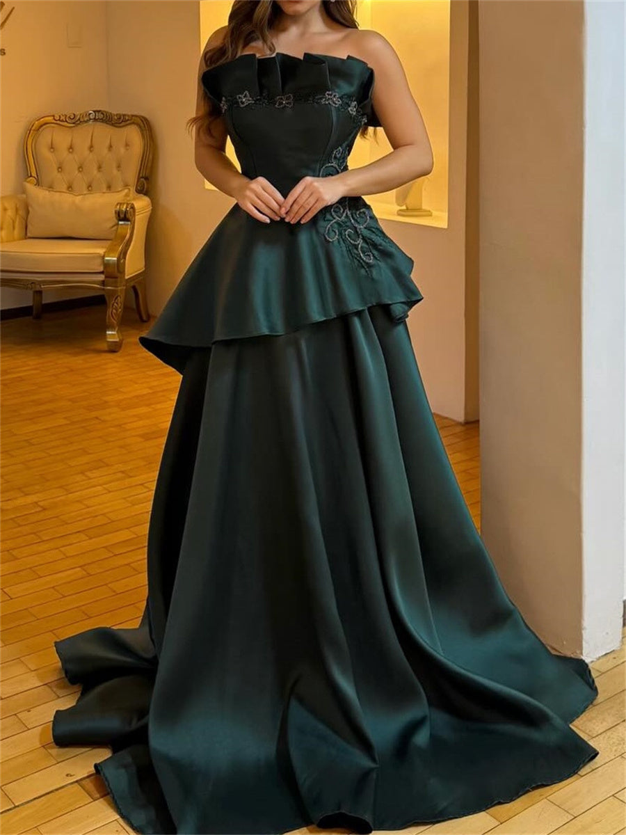 A-line/Princess Straight Ruffles Sweep Train Satin Corset Evening Dress