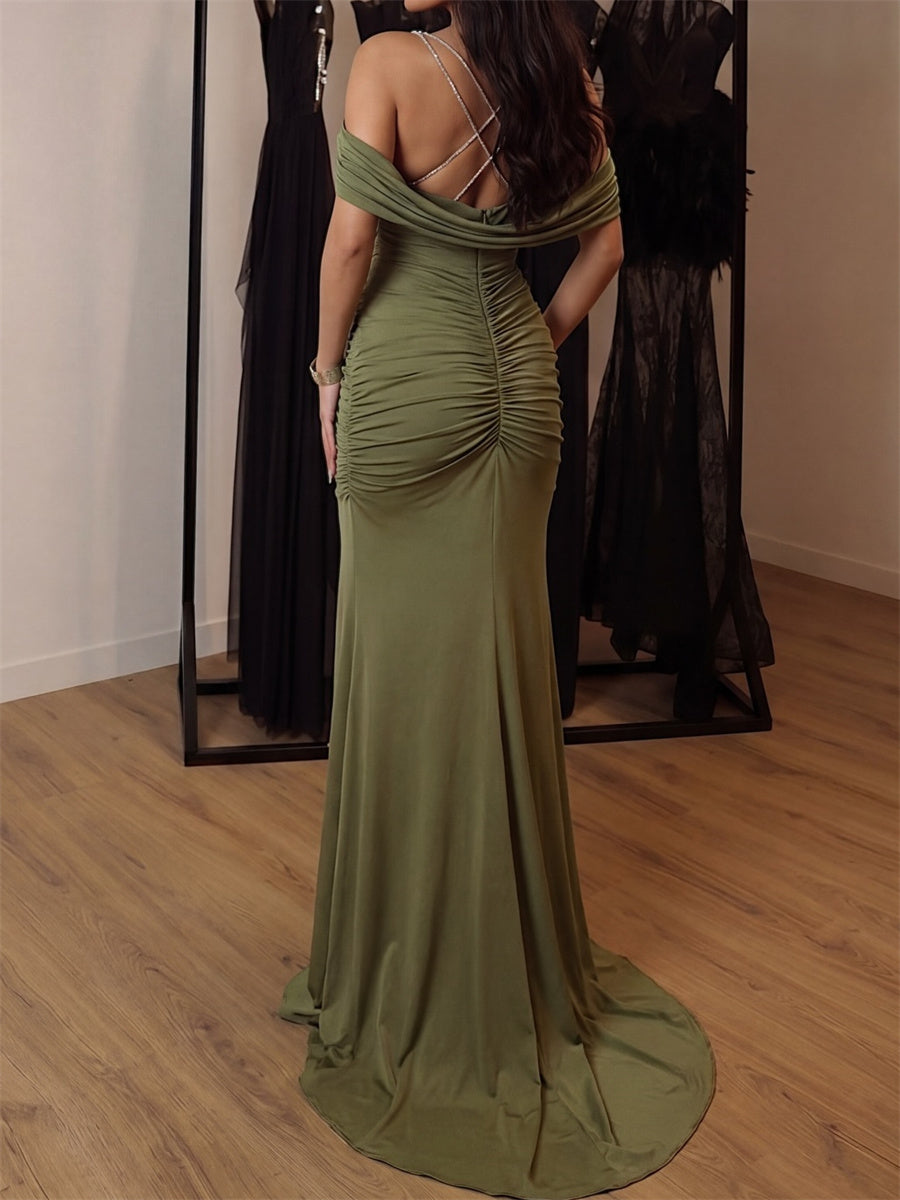 Sheath/Column Cold Shoulder Pleated Sweep Train Jersey Evening Dress