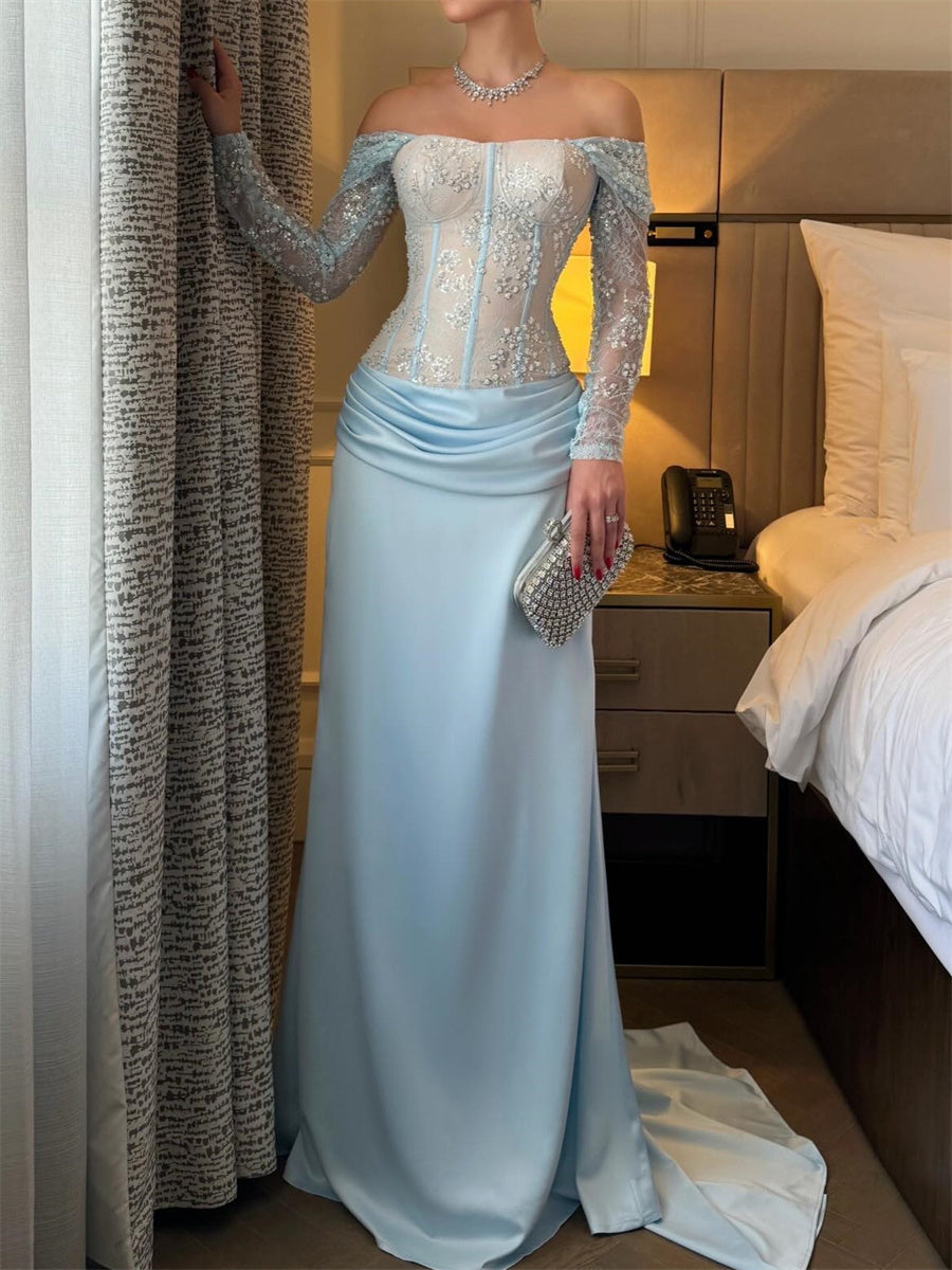Sheath/Column Off-the-Shoulder Long Sleeves Pleated Sweep Train Charmeuse Corset Evening Dress