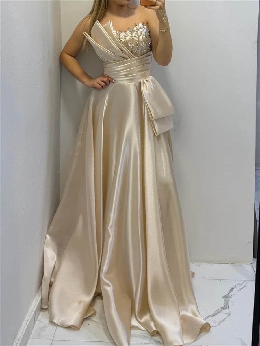 A-line/Princess Straight Ruffles Sweep Train Corset Evening Dress
