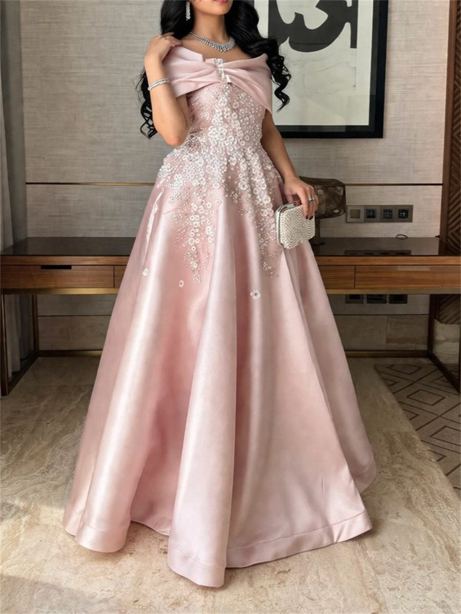 A-line/Princess Off-the-Shoulder Ruffles Floor-Length Satin Corset Evening Dress