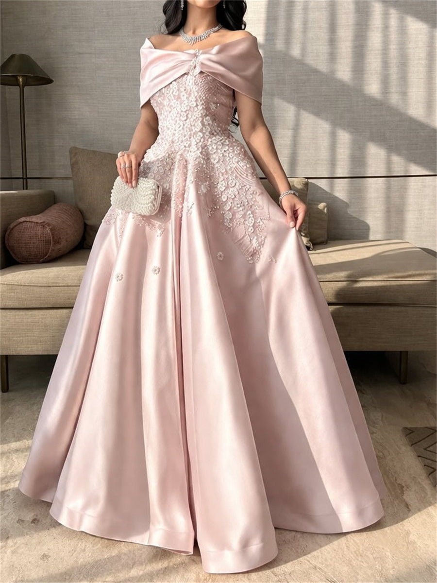 A-line/Princess Off-the-Shoulder Ruffles Floor-Length Satin Corset Evening Dress