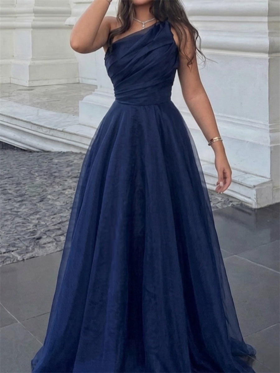 A-line/Princess One-Shoulder Pleated Sweep Train Organza Corset Evening Dress