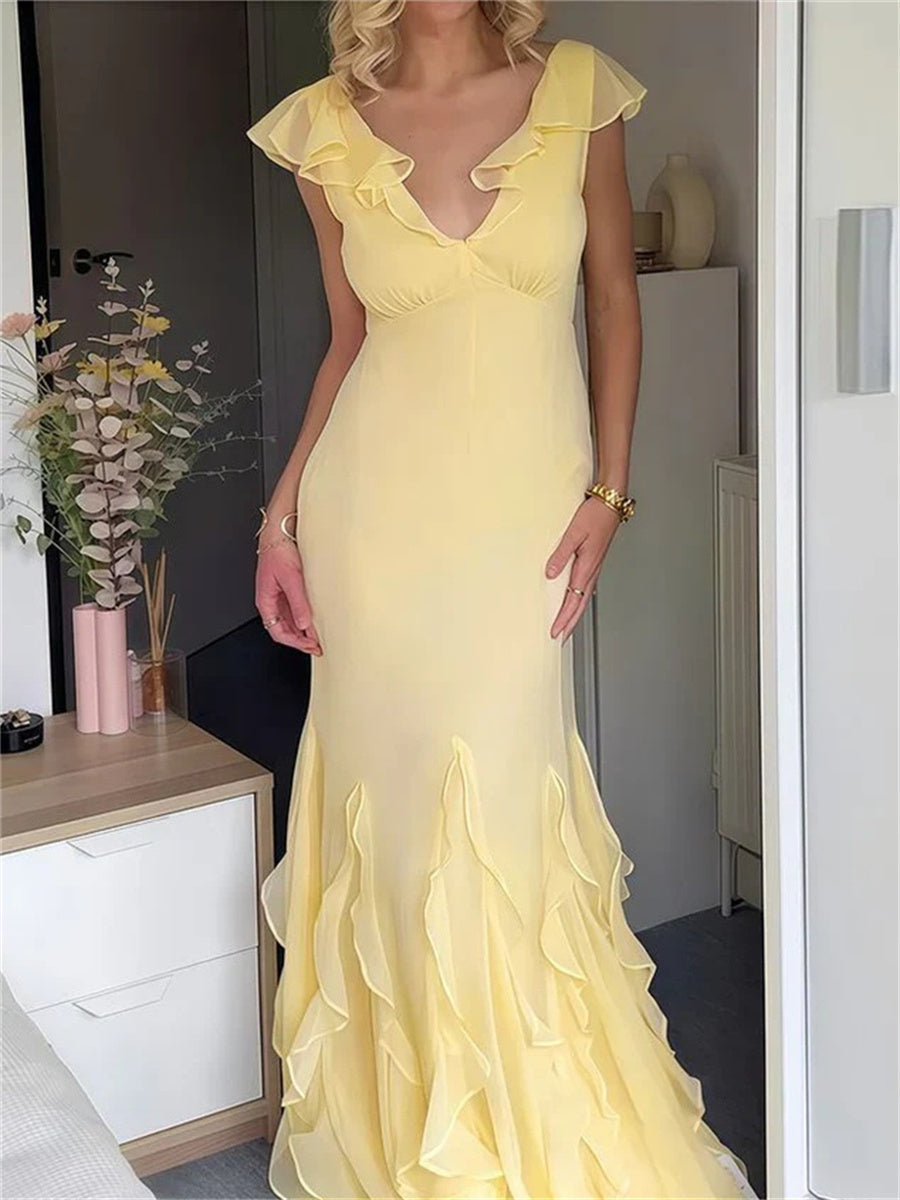Sheath/Column V-neck Ruffles Floor-Length Jersey Evening Dress