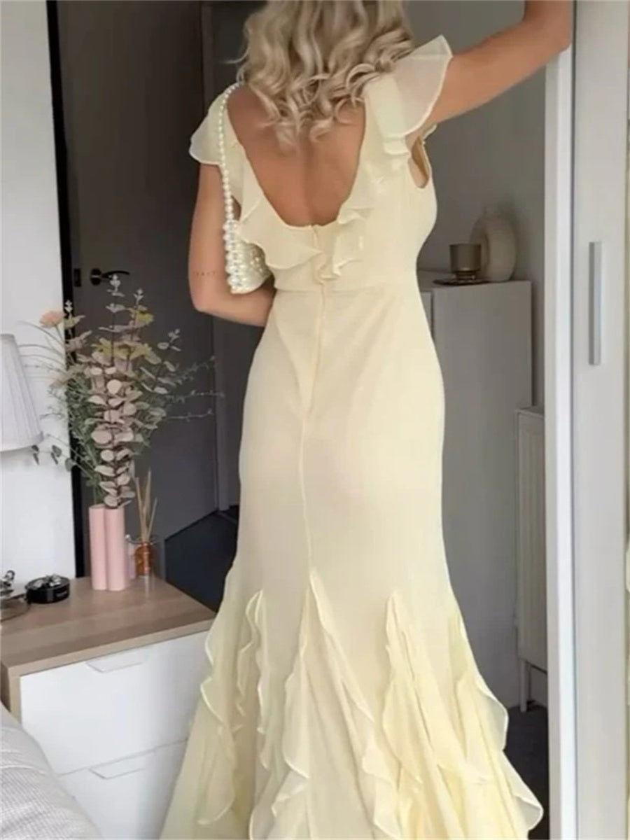 Sheath/Column V-neck Ruffles Floor-Length Jersey Evening Dress
