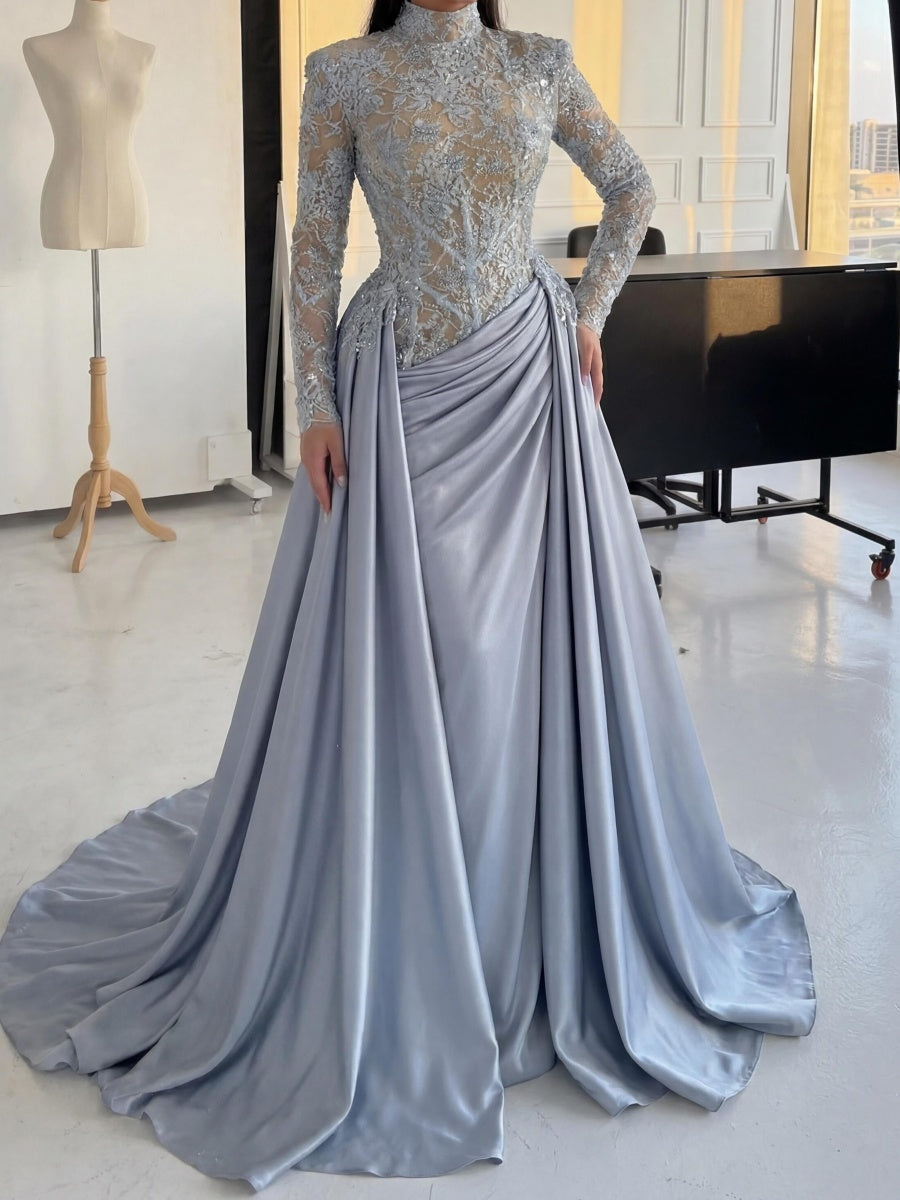 A-line High Neck Long Sleeves Appliques Lace Court Train Silk Like Satin Corset Evening Dress