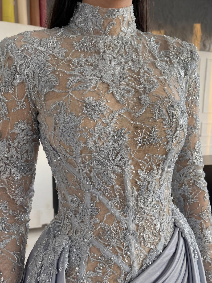 A-line High Neck Long Sleeves Appliques Lace Court Train Silk Like Satin Corset Evening Dress