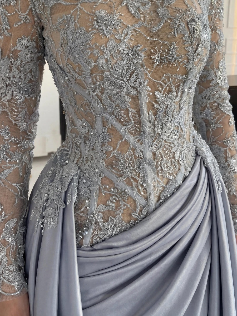 A-line High Neck Long Sleeves Appliques Lace Court Train Silk Like Satin Corset Evening Dress