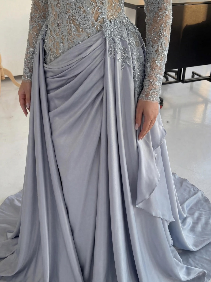 A-line High Neck Long Sleeves Appliques Lace Court Train Silk Like Satin Corset Evening Dress