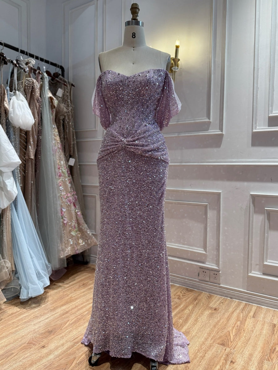 Sheath Off-the-Shoulder Pleated Sweep Train Evening Dress