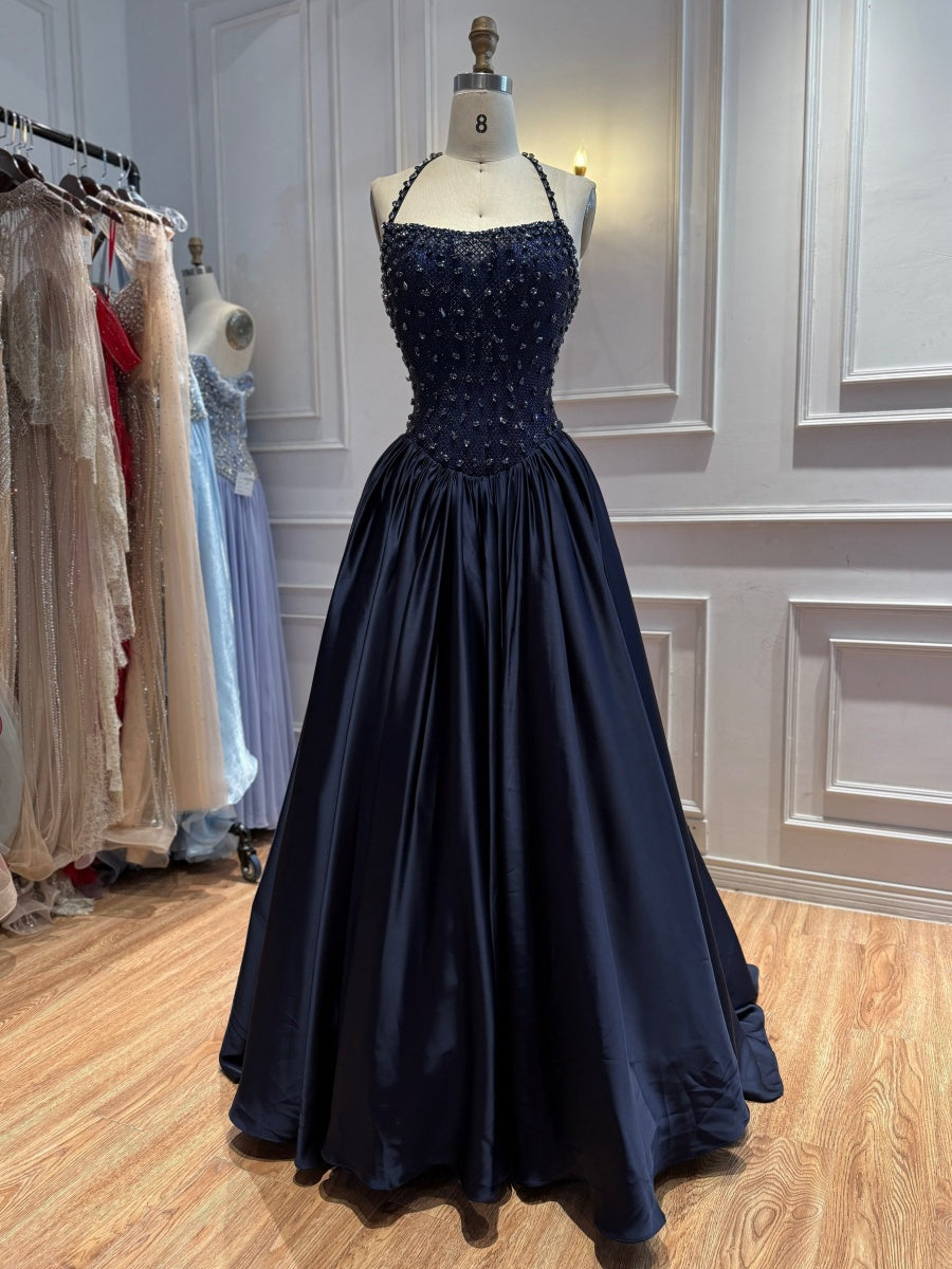 A-line Halter Ruffles Sweep Train Silk Like Satin Corset Evening Dress
