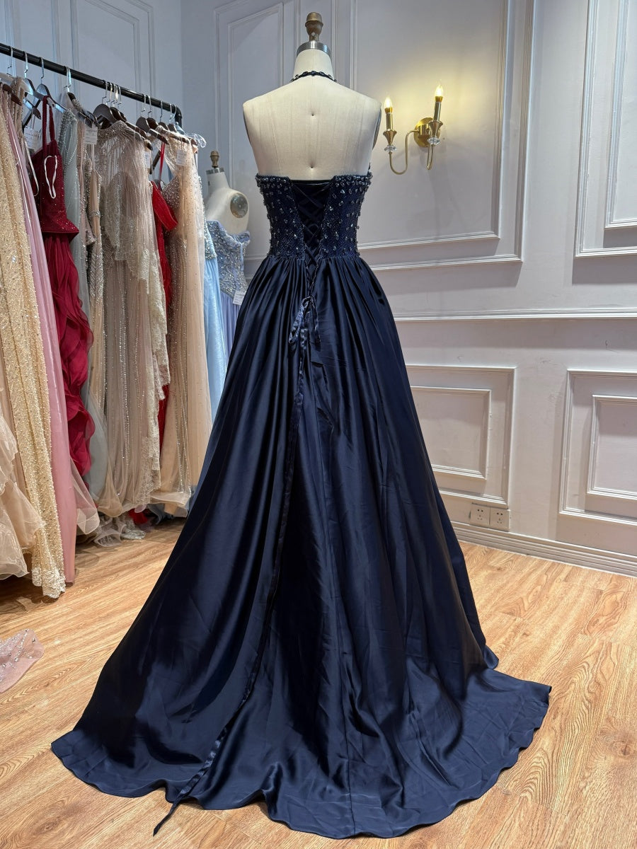 A-line Halter Ruffles Sweep Train Silk Like Satin Corset Evening Dress
