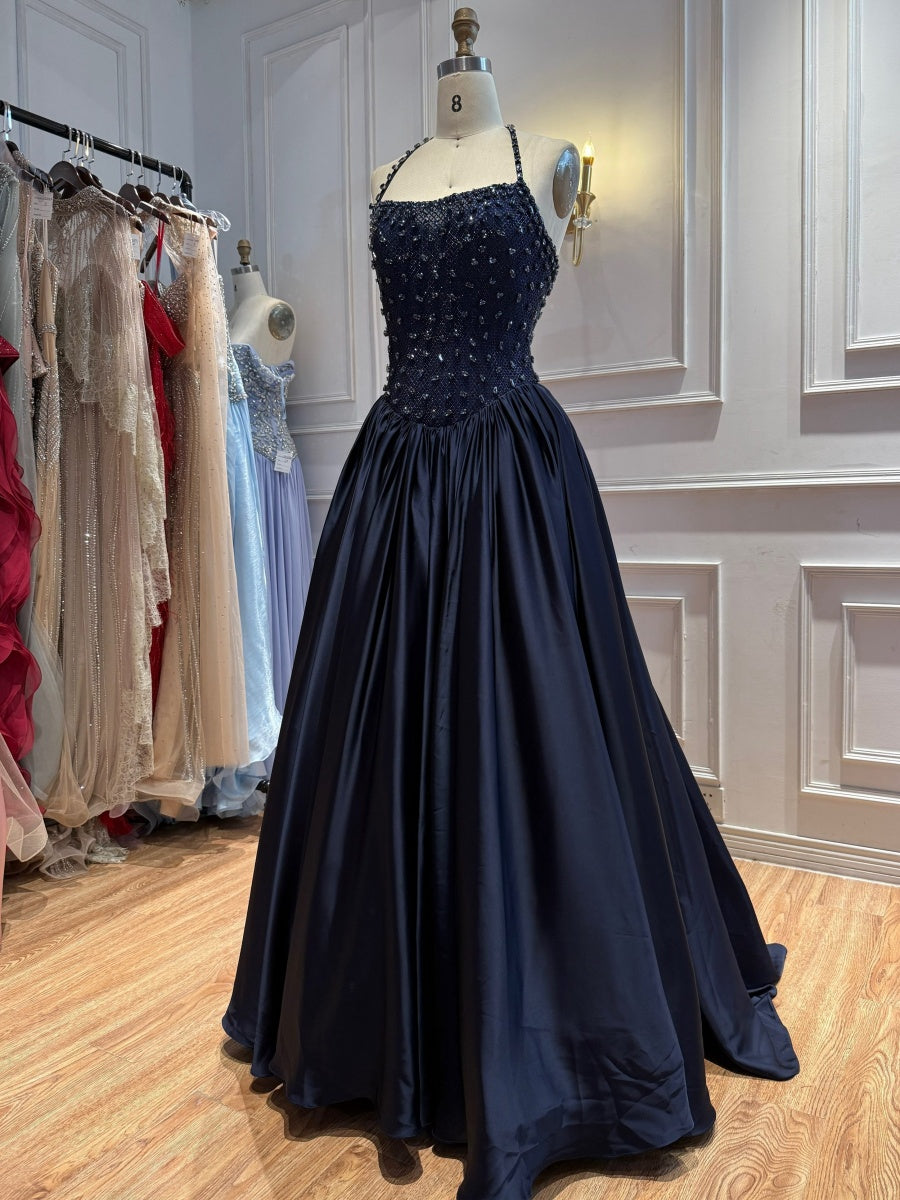A-line Halter Ruffles Sweep Train Silk Like Satin Corset Evening Dress