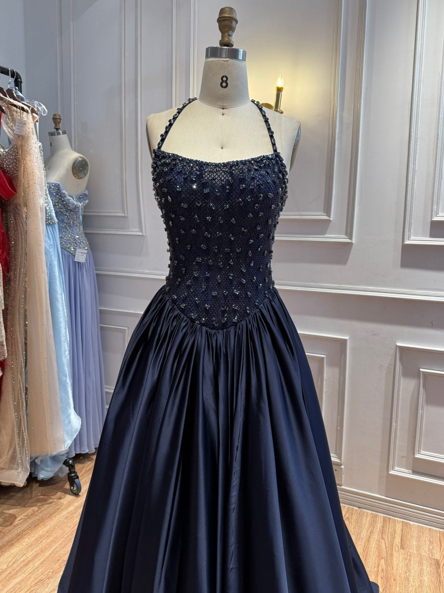 A-line Halter Ruffles Sweep Train Silk Like Satin Corset Evening Dress