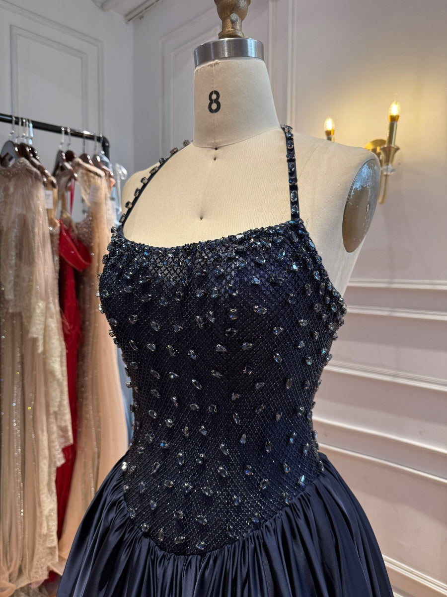 A-line Halter Ruffles Sweep Train Silk Like Satin Corset Evening Dress