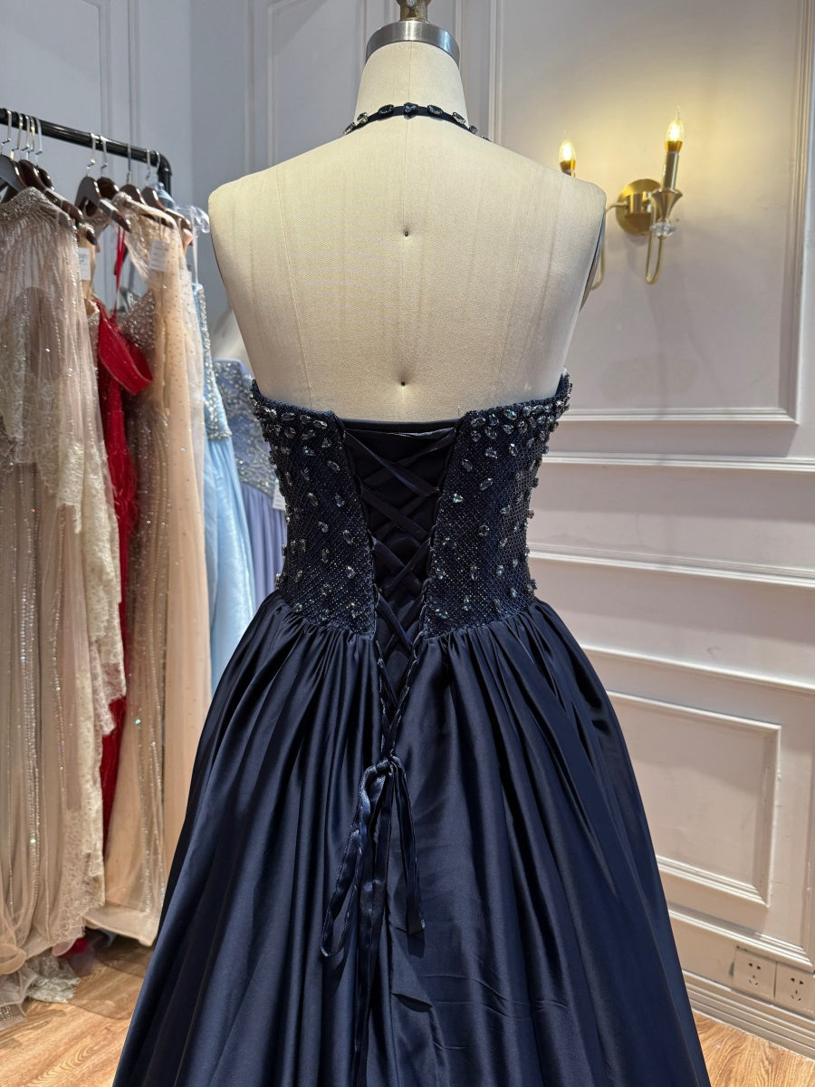 A-line Halter Ruffles Sweep Train Silk Like Satin Corset Evening Dress
