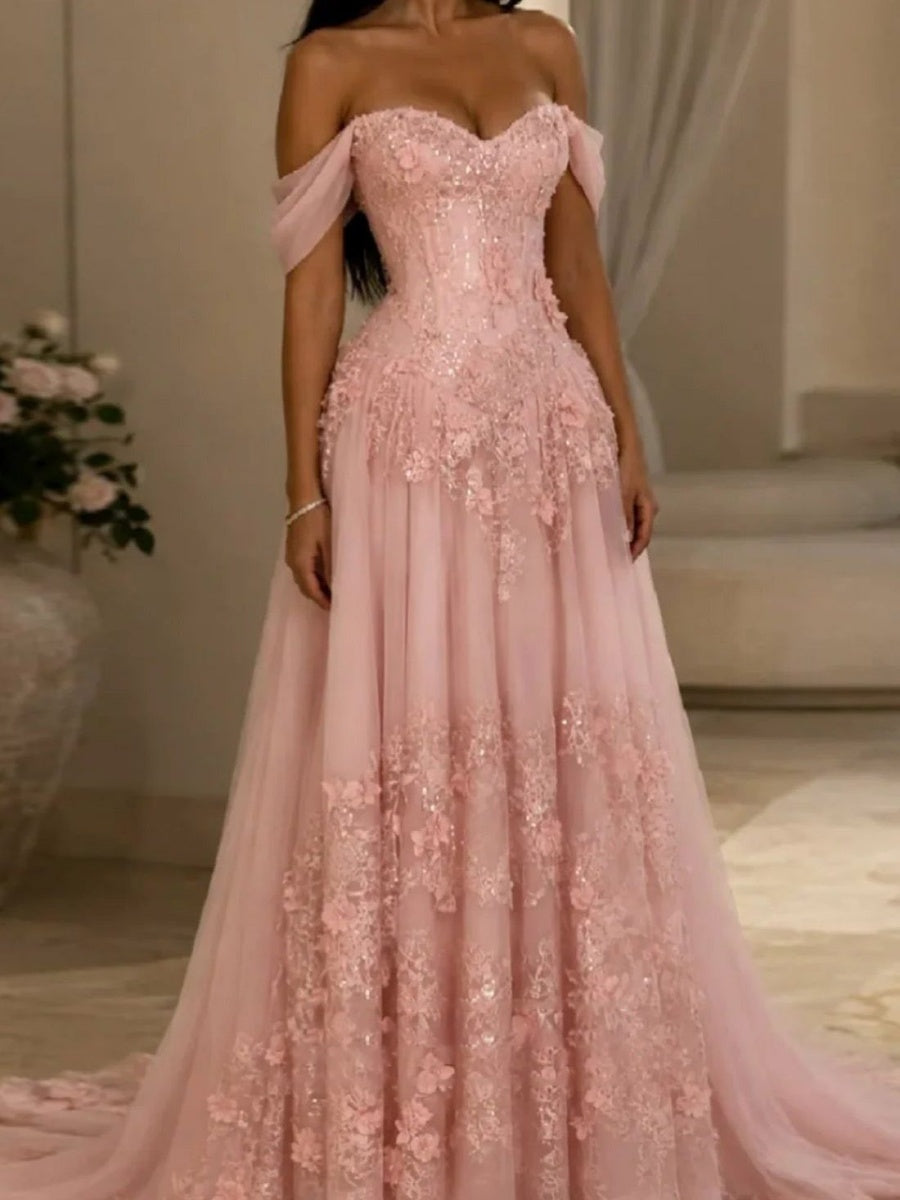 A-line Off-the-Shoulder Appliques Lace Court Train Chiffon Corset Evening Dress