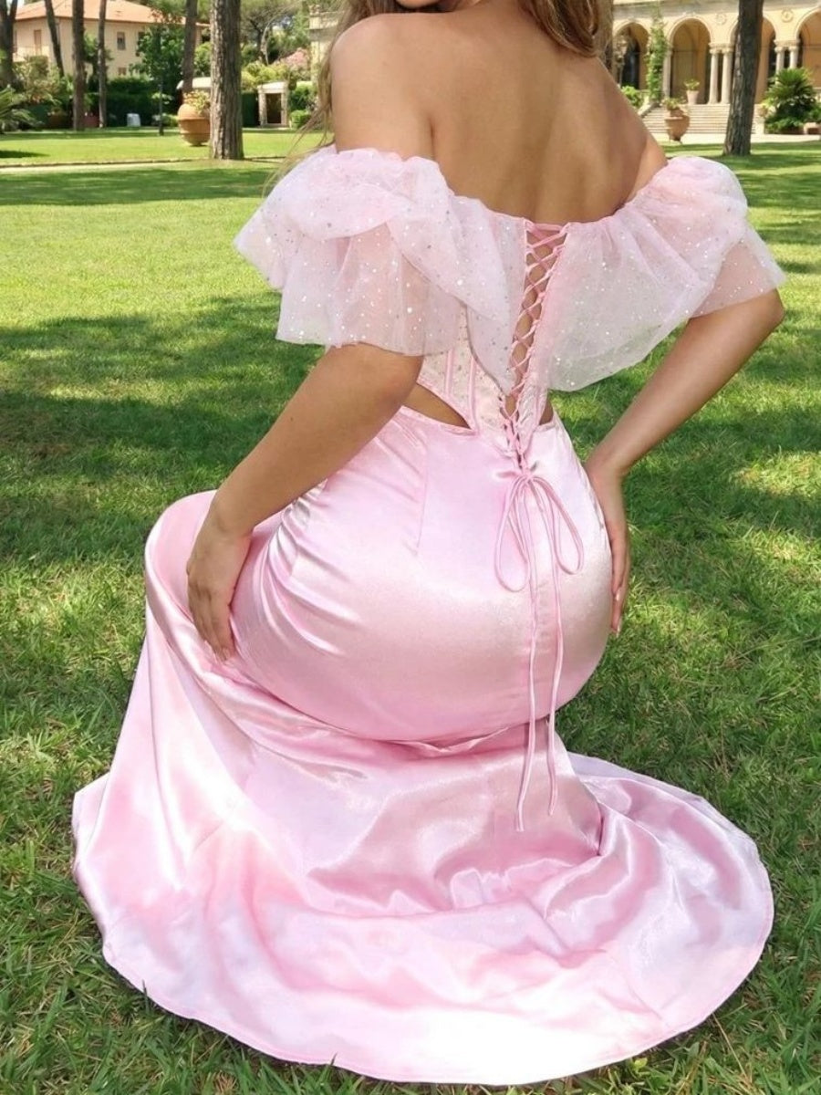 Sheath Off-the-Shoulder Ruffles Sweep Train Silk Like Satin Corset Evening Dress