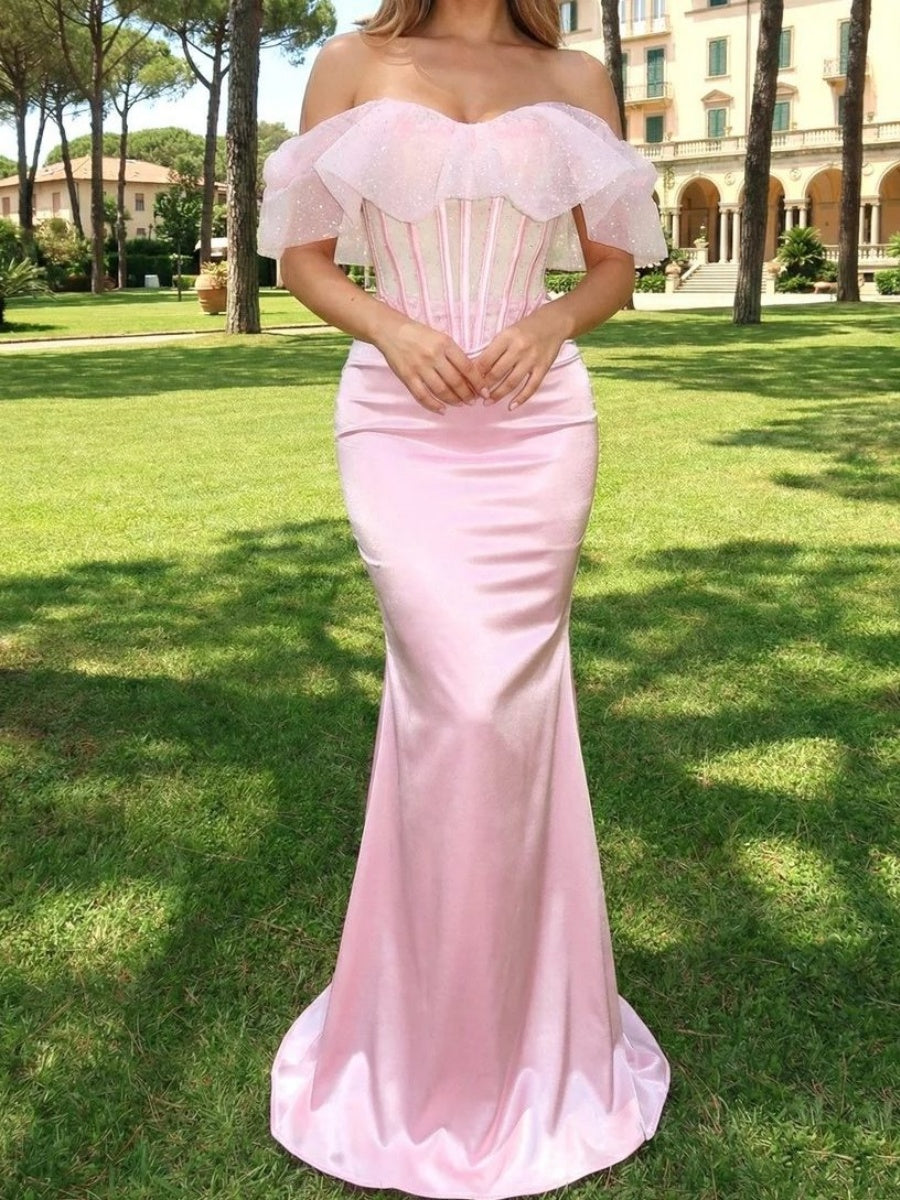 Sheath Off-the-Shoulder Ruffles Sweep Train Silk Like Satin Corset Evening Dress