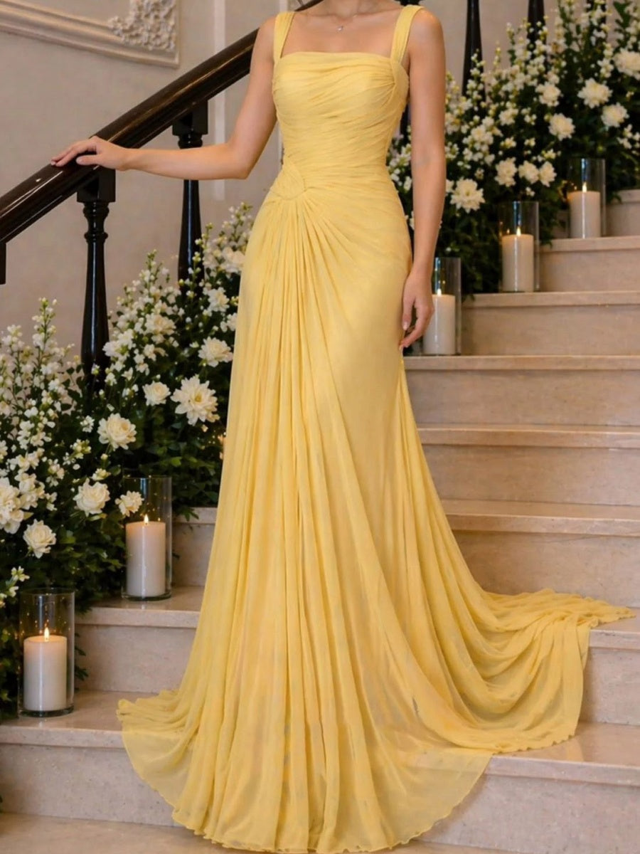 Sheath Square Ruffles Sweep Train Chiffon Corset Evening Dress