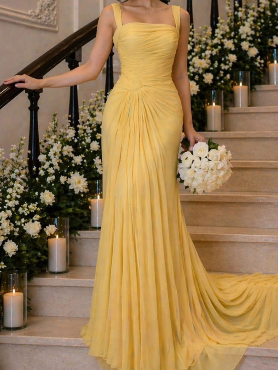 Sheath Square Ruffles Sweep Train Chiffon Corset Evening Dress