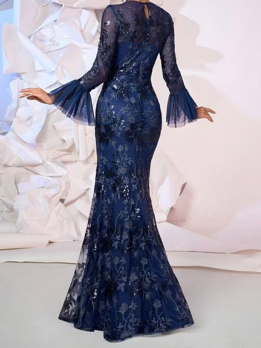Sheath Scoop Long Sleeves Appliques Lace Floor-Length Lace Corset Evening Dress