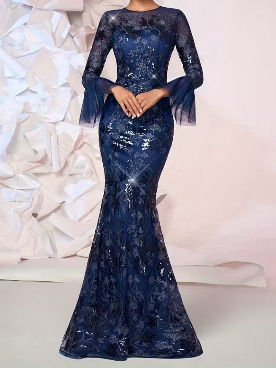 Sheath Scoop Long Sleeves Appliques Lace Floor-Length Lace Corset Evening Dress