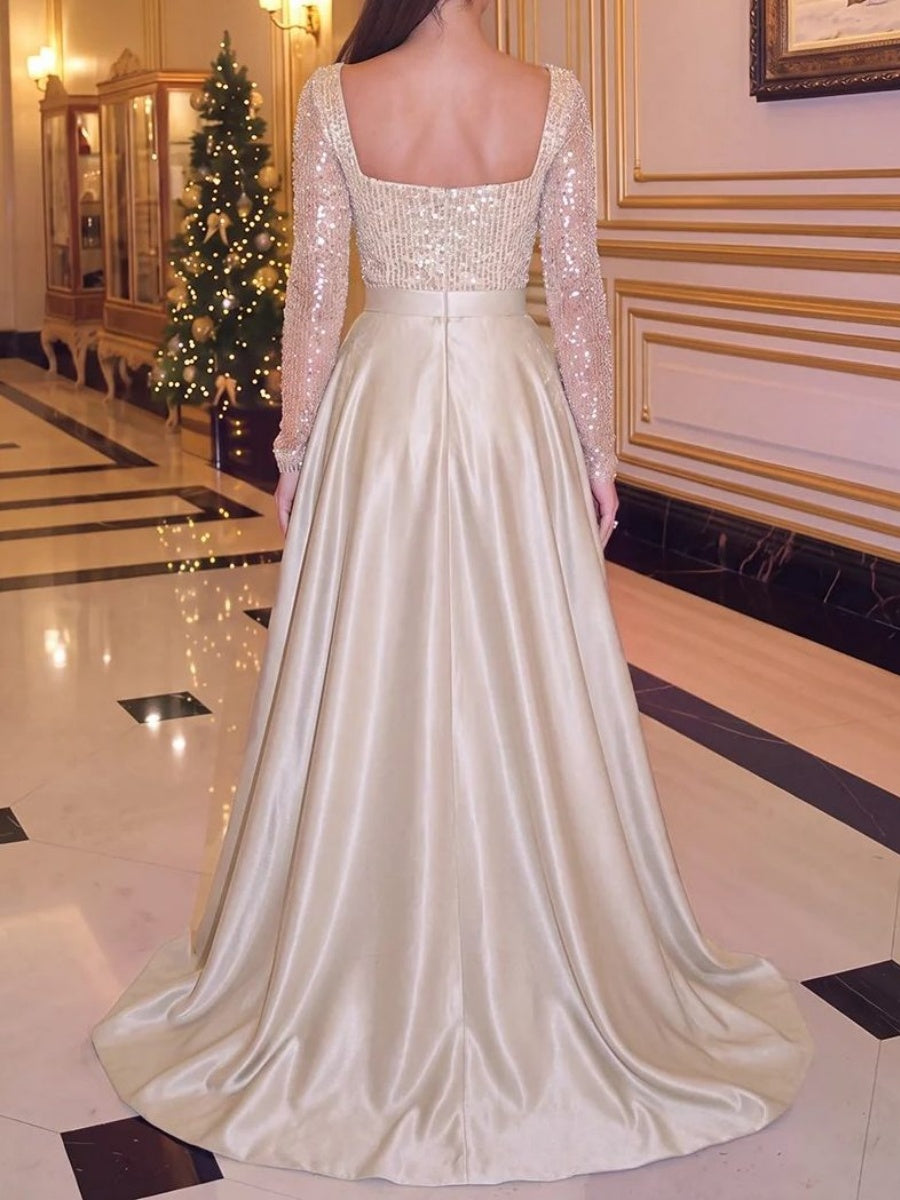 A-line Square Long Sleeves Sequin Sweep Train Satin Corset Evening Dress