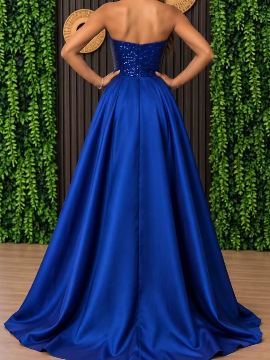 A-line Straight Ruffles Sweep Train Sequins Corset Evening Dress