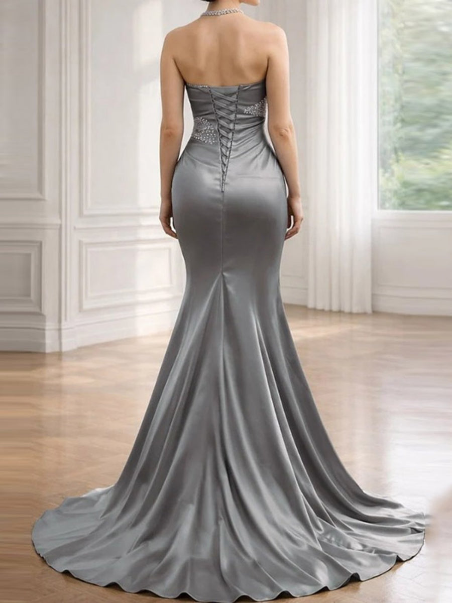 Sheath Sweetheart Pleated Sweep Train Silk Like Satin Corset Evening Dress