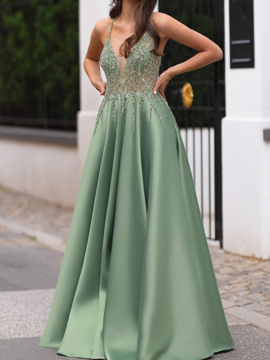 A-line V-neck Ruffles Floor-Length Satin Corset Evening Dress