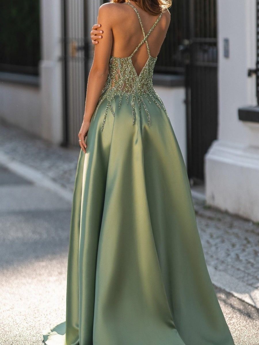 A-line V-neck Ruffles Floor-Length Satin Corset Evening Dress