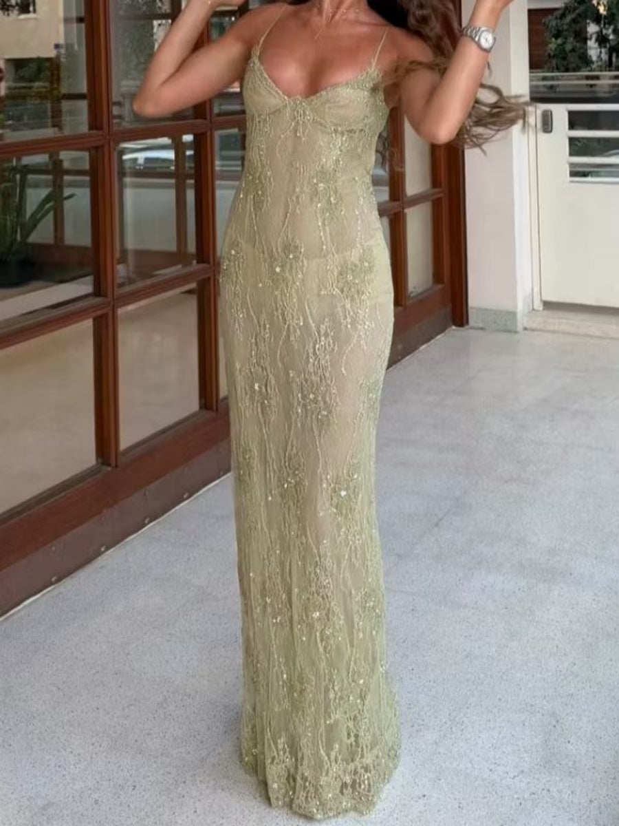 Sheath Spaghetti Straps Appliques Lace Floor-Length Lace Evening Dress