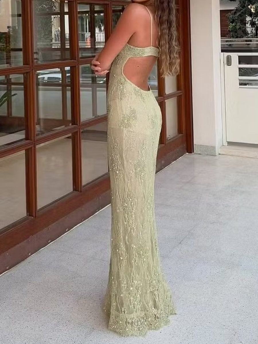 Sheath Spaghetti Straps Appliques Lace Floor-Length Lace Evening Dress