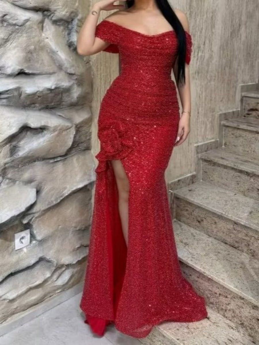Sheath Off-the-Shoulder Sequin Floor-Length Lace Evening Dress